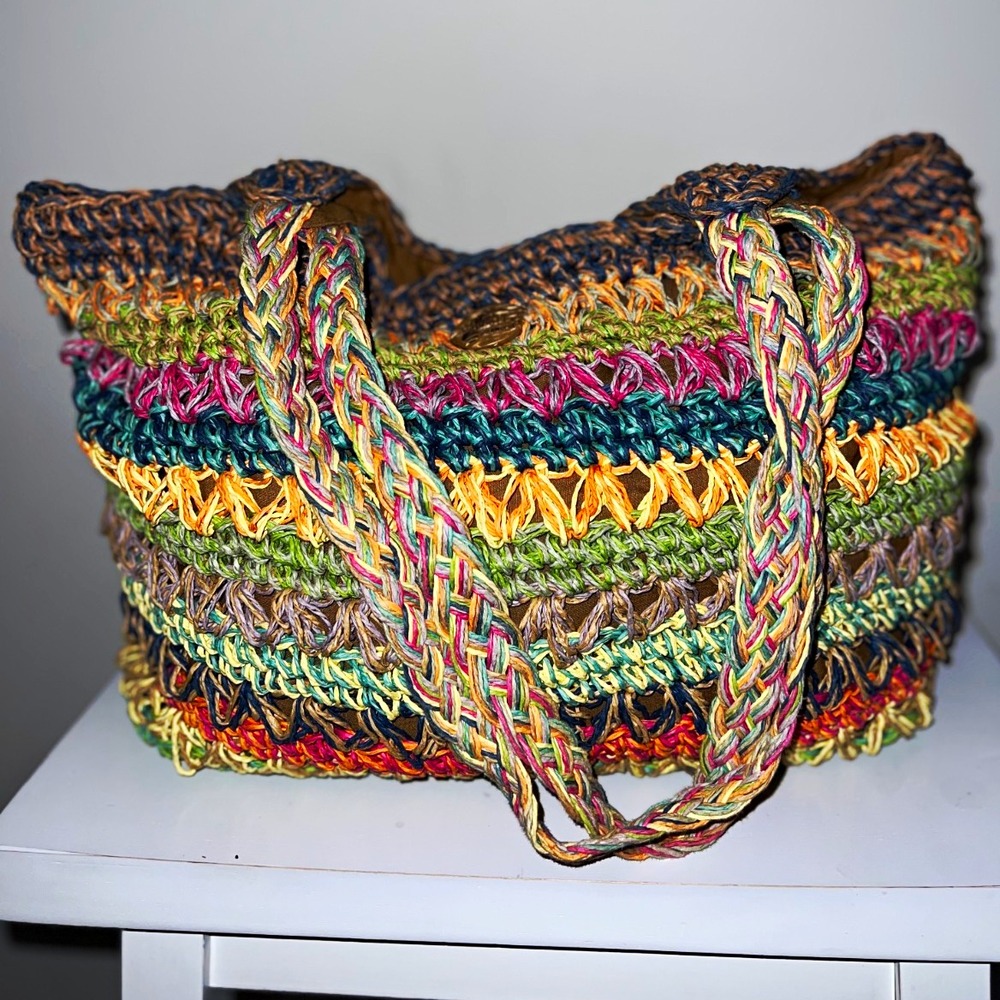 Cappelli Multicolor Bohemian Shoulder Bag, Braided Accents, Zip, Lined